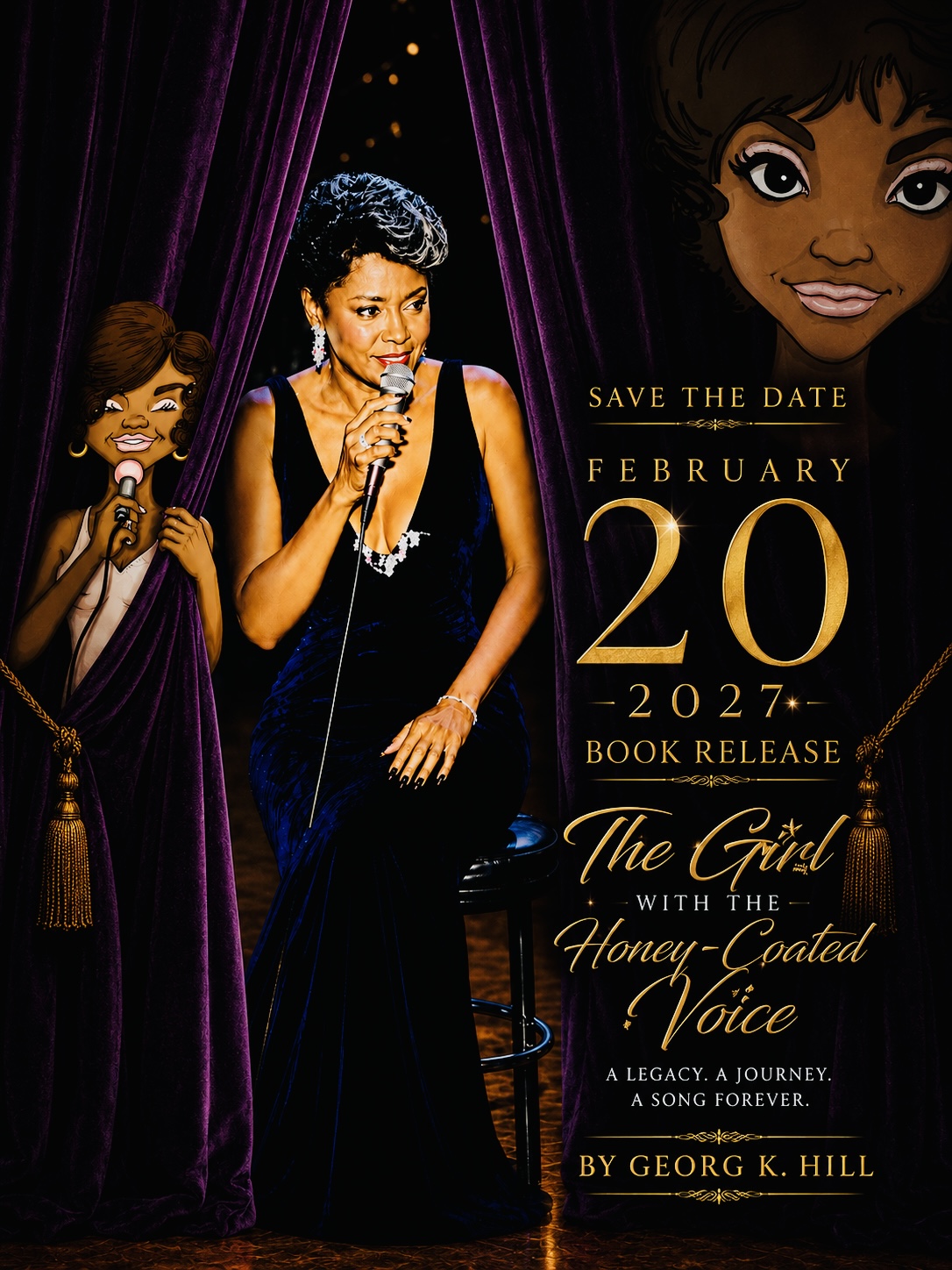 Save the date artwork for The Girl with the Honey-Coated Voice.